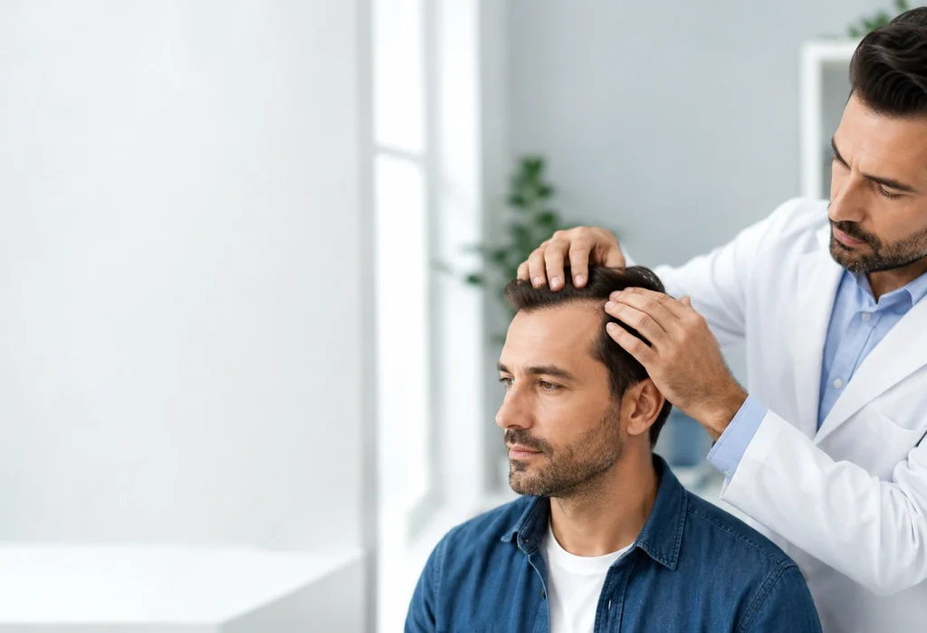 Doctor examining patient's scalp in clinic